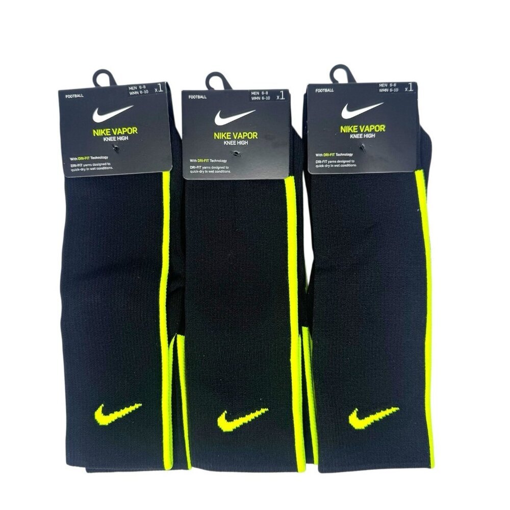 Lot Of 3 Nike Vapor Knee High Dri-Fit Football Socks Black Neon Yellow Sz 6-8
